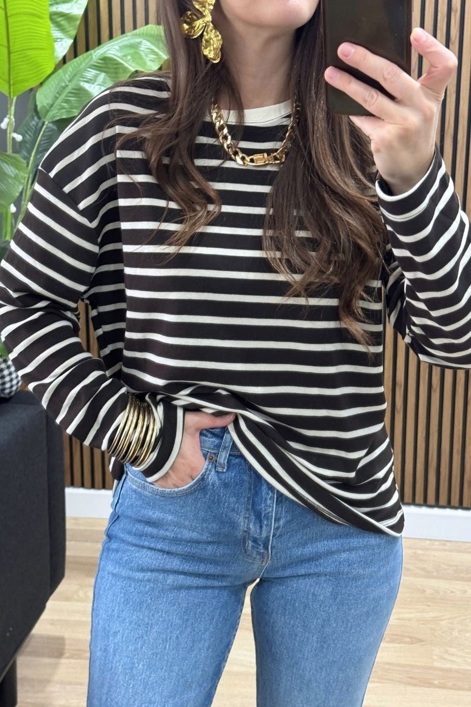 SweatshirtBisiklet Yaka Çizgili Oversize Sweat Kahverengi