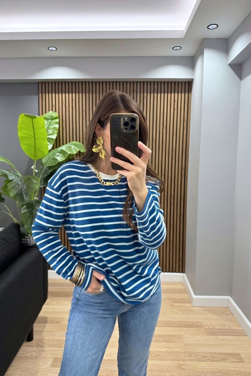 SweatshirtBisiklet Yaka Çizgili Oversize Sweat Mavi