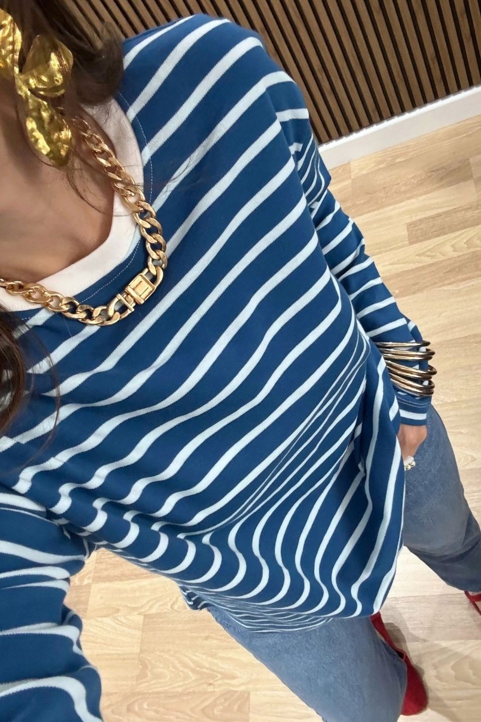 SweatshirtBisiklet Yaka Çizgili Oversize Sweat Mavi