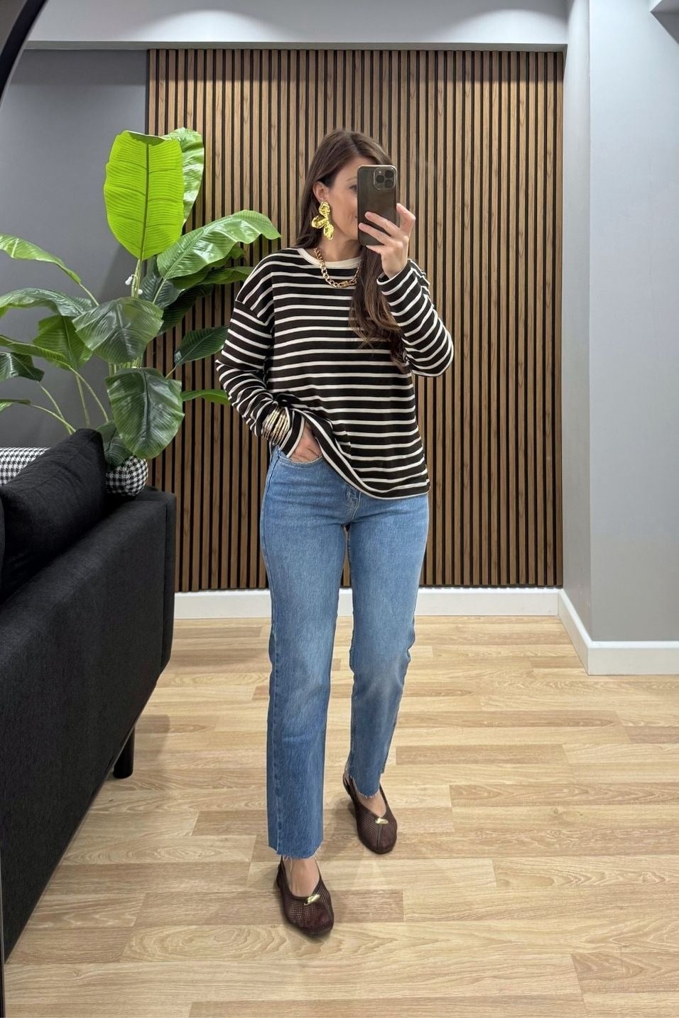 SweatshirtBisiklet Yaka Çizgili Oversize Sweat Kahverengi