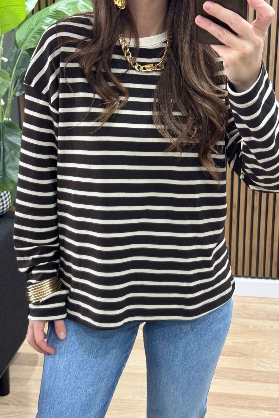 SweatshirtBisiklet Yaka Çizgili Oversize Sweat Kahverengi