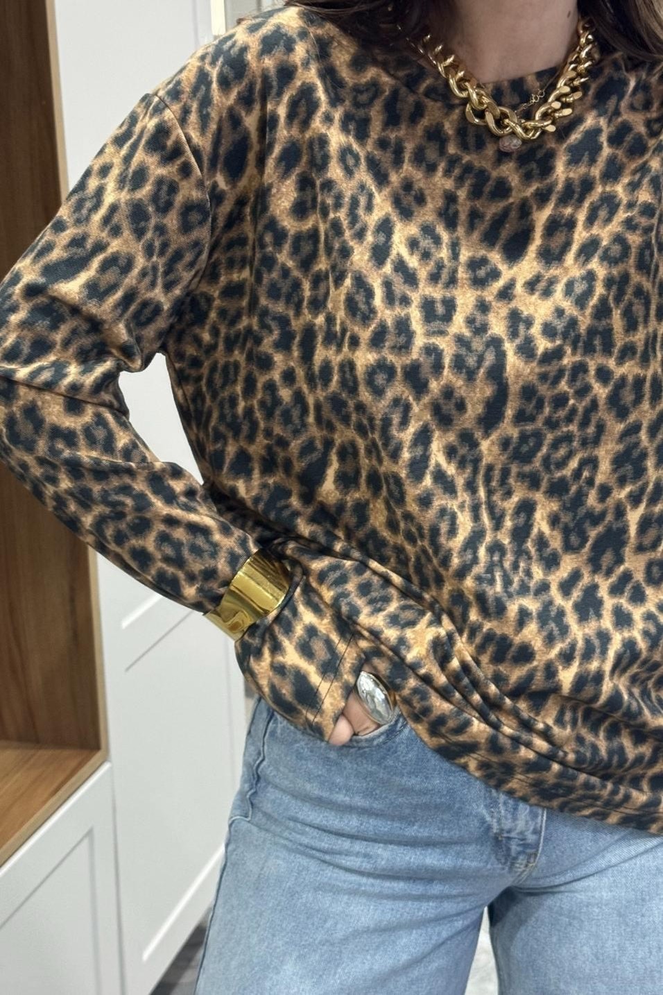 SweatshirtBisiklet Yaka Leopar Desen Sweatshırt Siyah-Camel