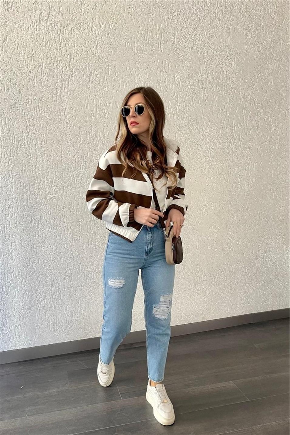 SweatshirtÇizgili Fermuarlı Şardonlu Sweat Kahverengi
