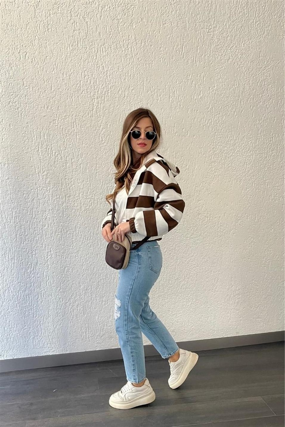 SweatshirtÇizgili Fermuarlı Şardonlu Sweat Kahverengi