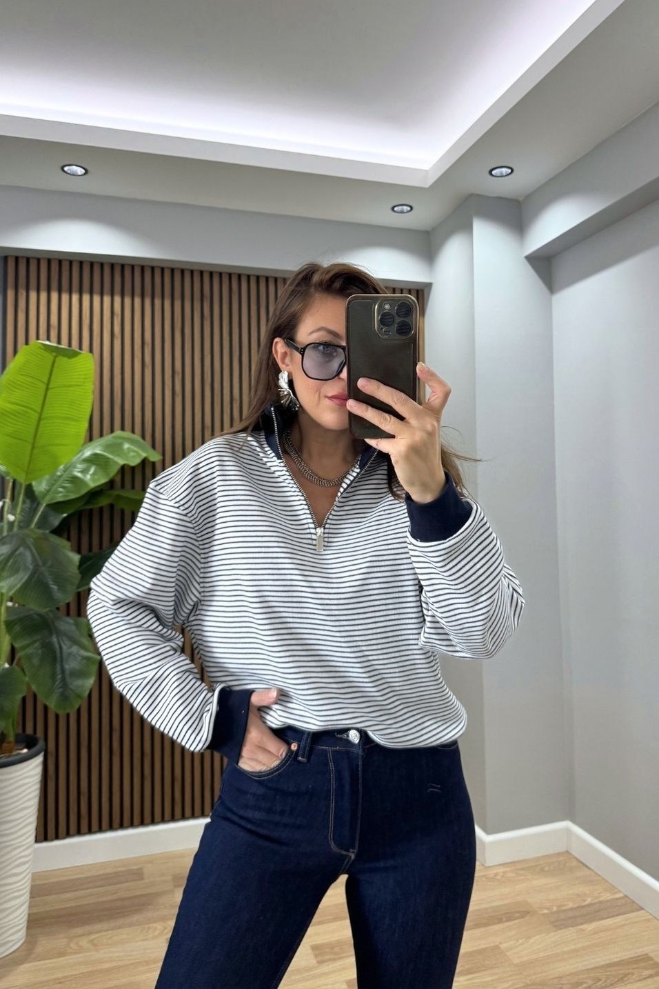 SweatshirtÇizgili Yarım Fermuarlı Sweatshirt Lacivert