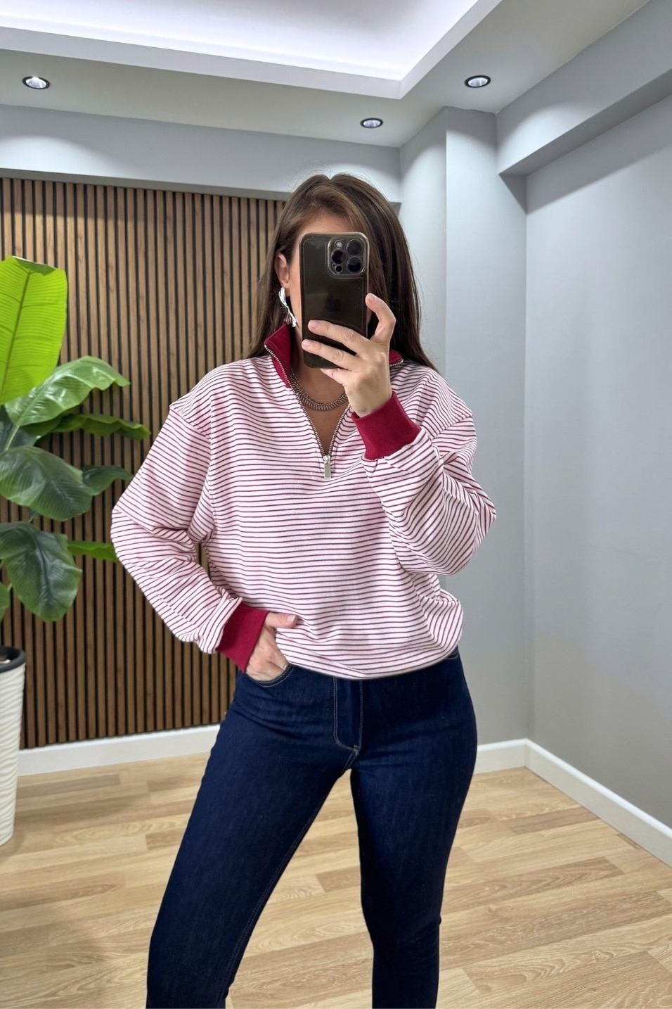 SweatshirtÇizgili Yarım Fermuarlı Sweatshirt Bordo