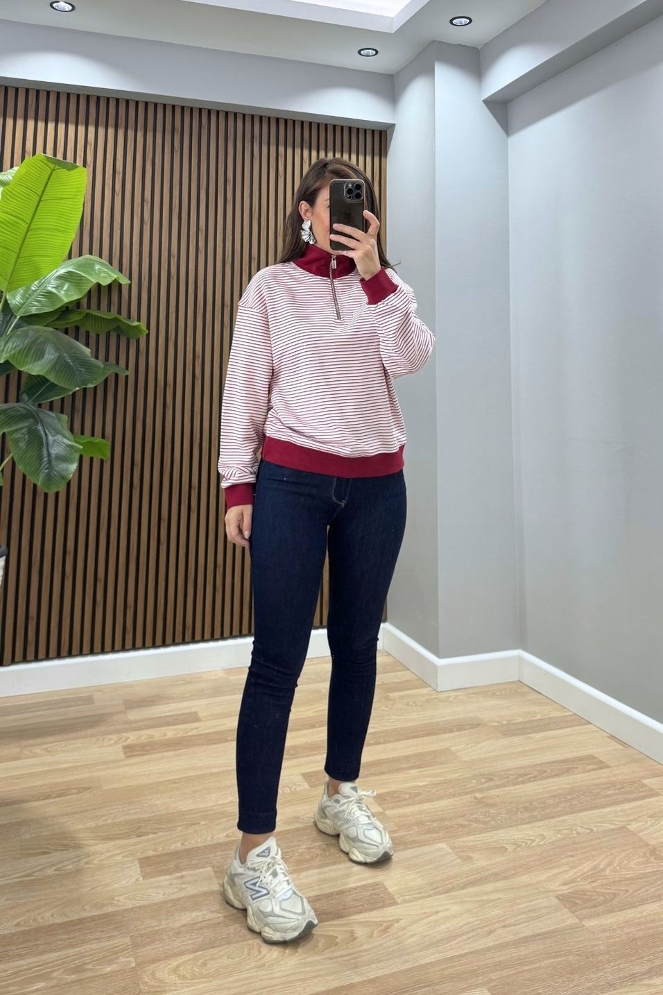 SweatshirtÇizgili Yarım Fermuarlı Sweatshirt Bordo