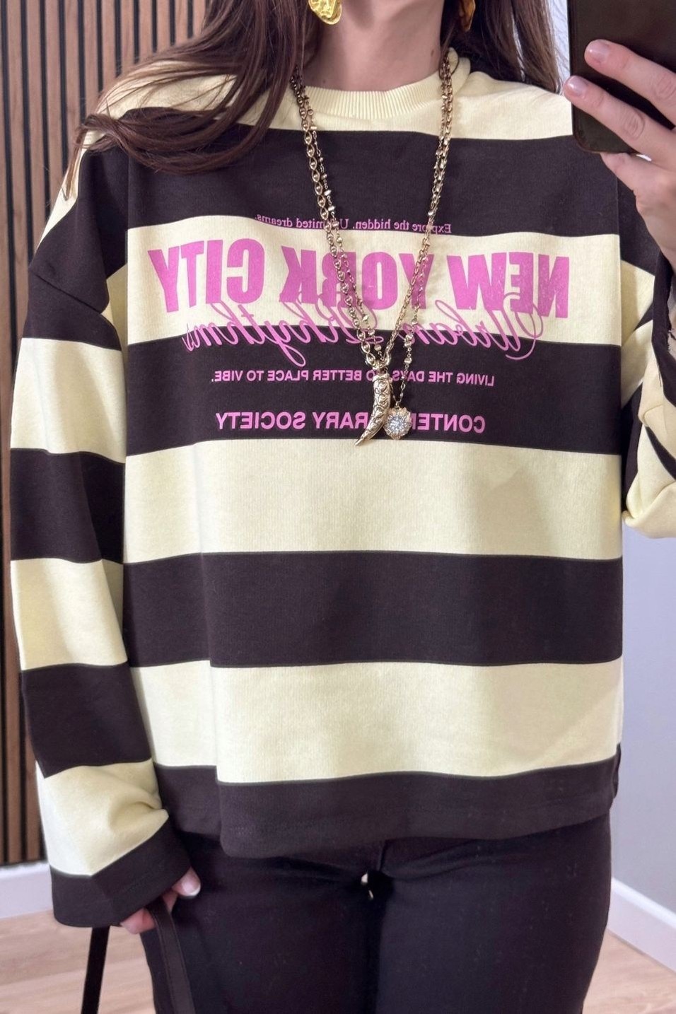 SweatshirtCollege Baskılı Çizgili Sweatshirt Sarı