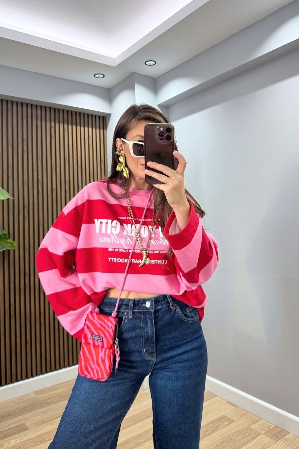 SweatshirtCollege Baskılı Çizgili Sweatshirt Pembe