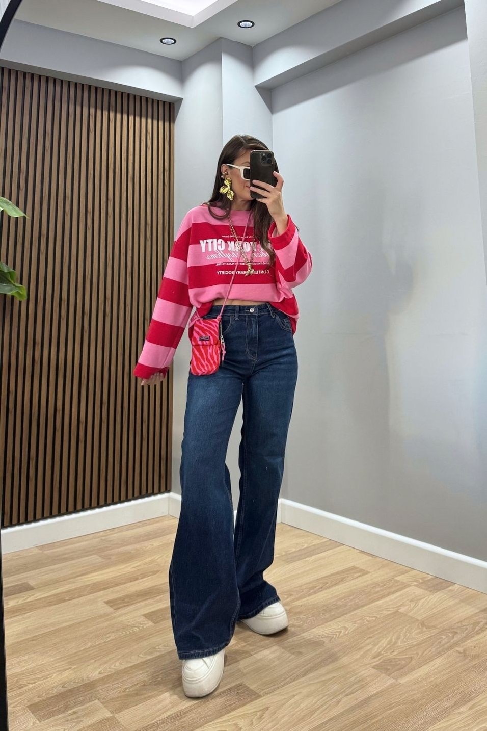 SweatshirtCollege Baskılı Çizgili Sweatshirt Pembe