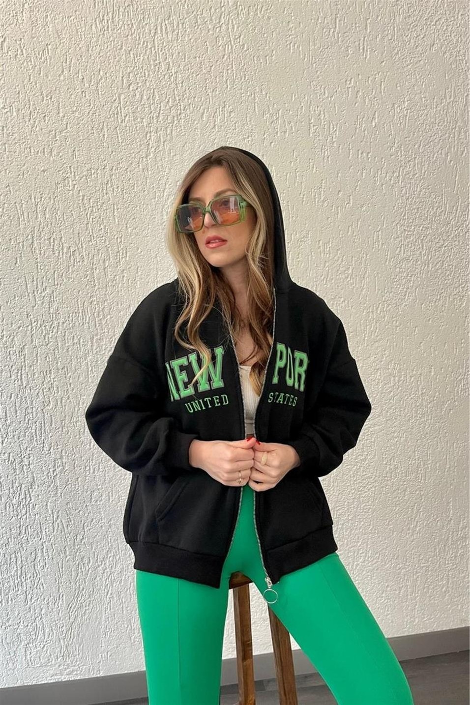 SweatshirtFermuarlı Baskılı Şardonlu Sweat Siyah