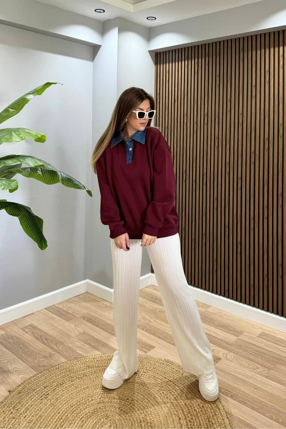 SweatshirtKot Yakalı Şardonlu Sweatshırt Bordo