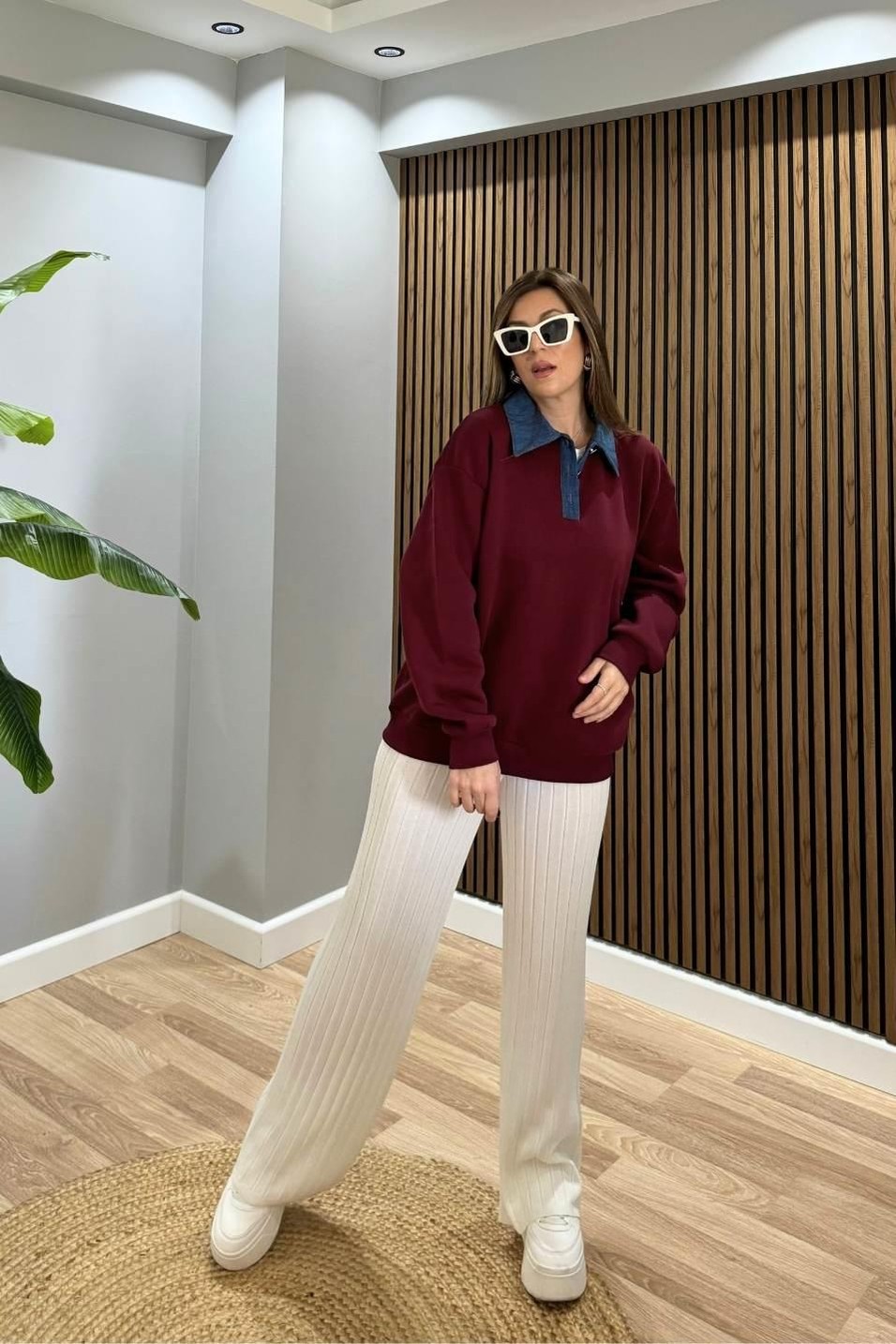SweatshirtKot Yakalı Şardonlu Sweatshırt Bordo