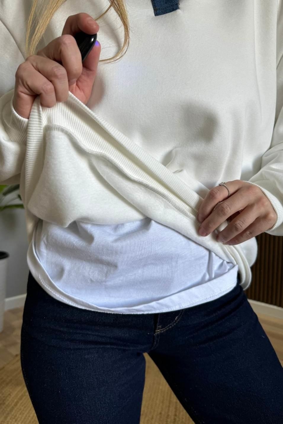 SweatshirtKot Yakalı Şardonlu Sweatshırt Ekru
