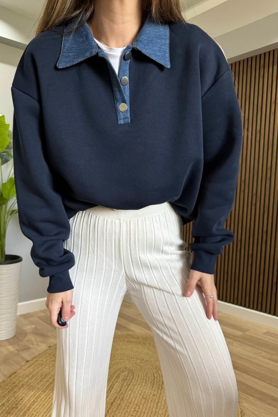 SweatshirtKot Yakalı Şardonlu Sweatshırt Lacivert