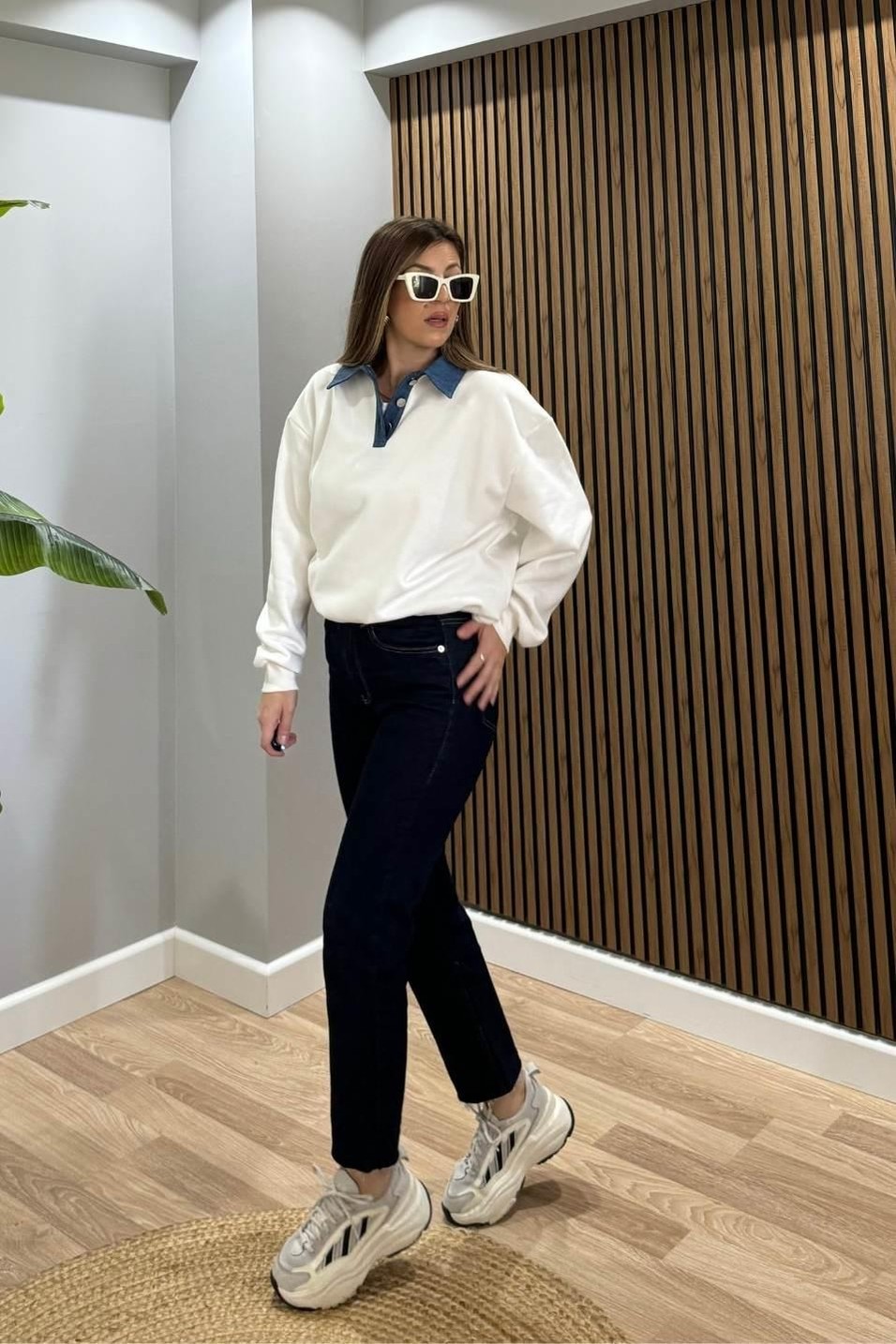 SweatshirtKot Yakalı Şardonlu Sweatshırt Ekru