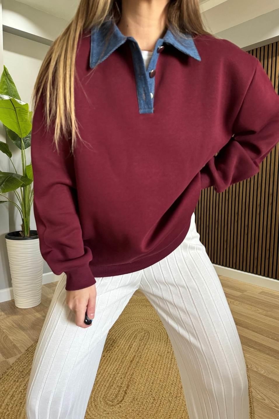 SweatshirtKot Yakalı Şardonlu Sweatshırt Bordo