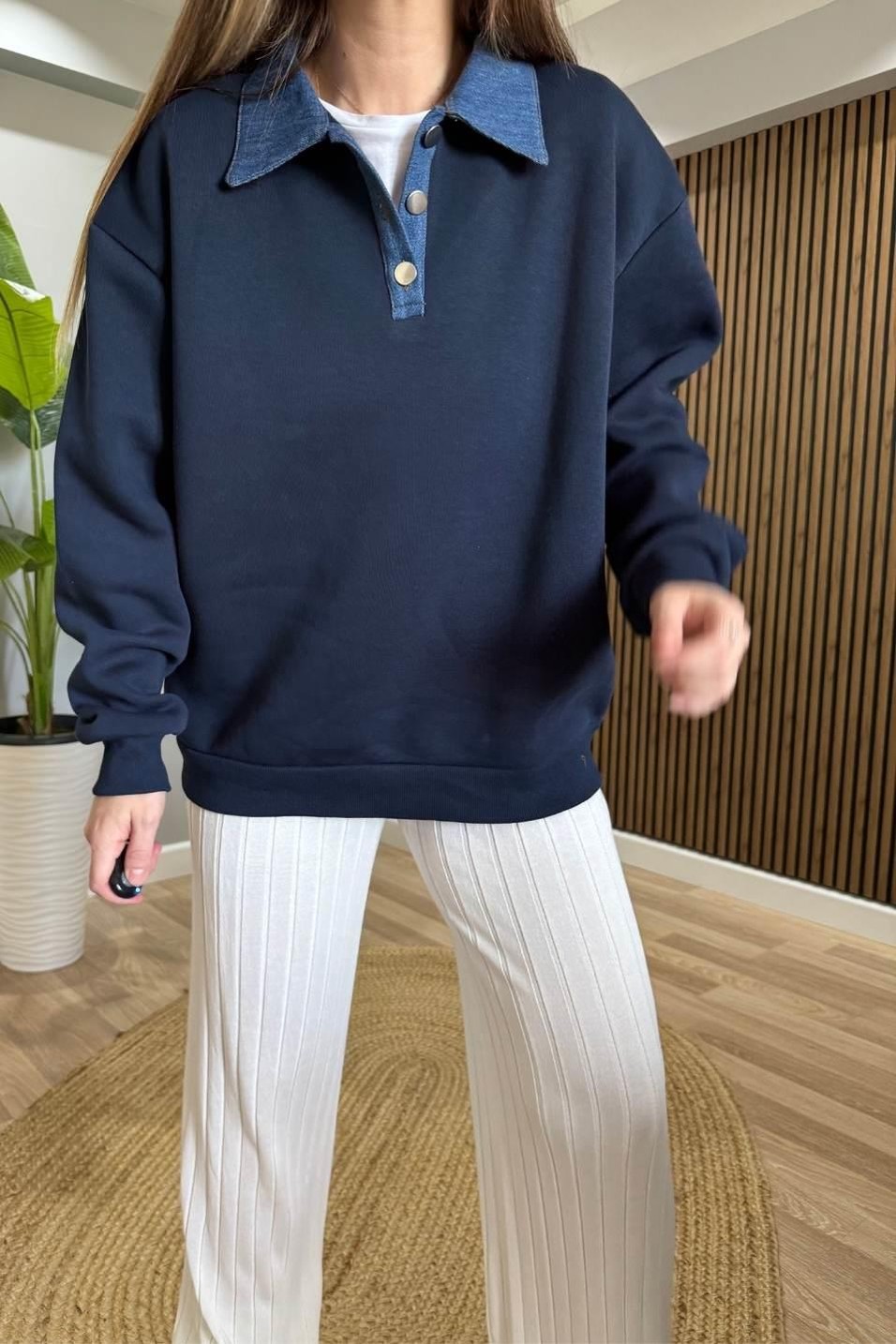 SweatshirtKot Yakalı Şardonlu Sweatshırt Lacivert