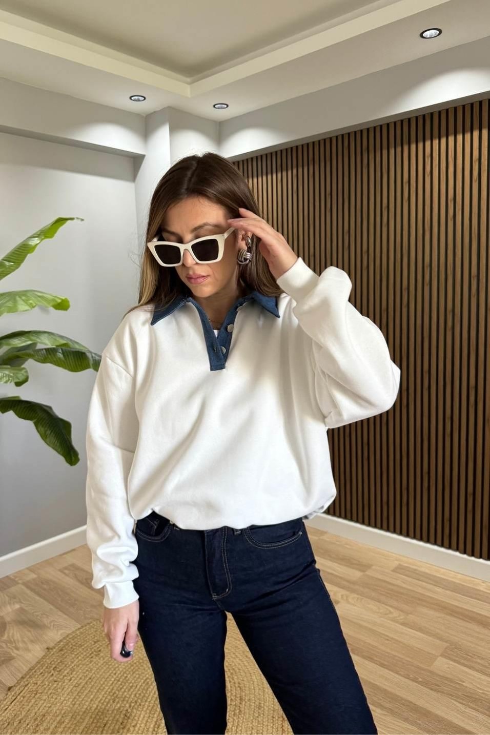 SweatshirtKot Yakalı Şardonlu Sweatshırt Ekru