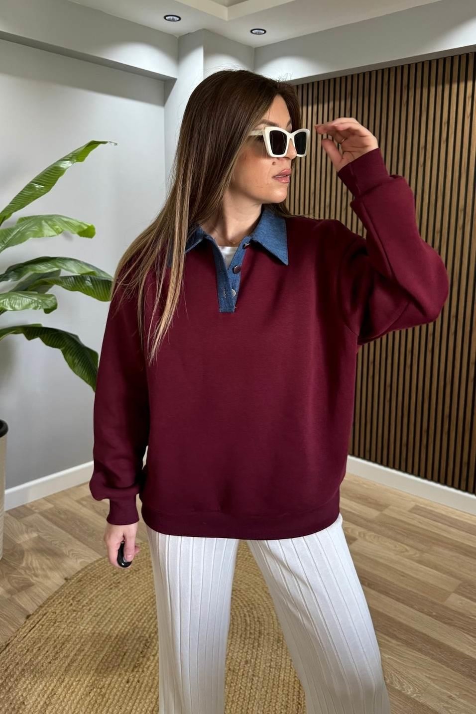 SweatshirtKot Yakalı Şardonlu Sweatshırt Bordo