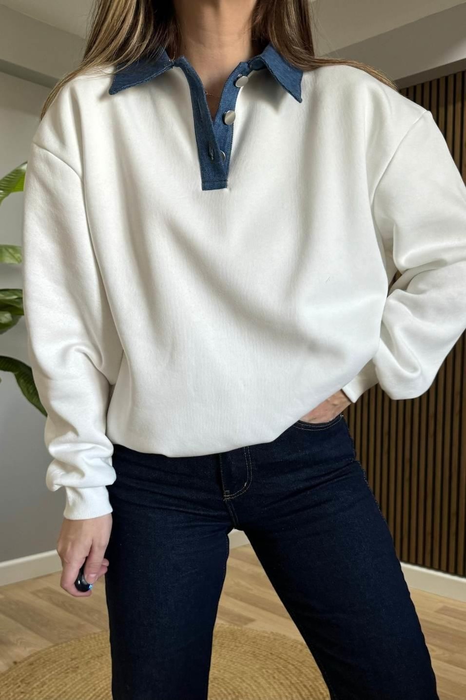 SweatshirtKot Yakalı Şardonlu Sweatshırt Ekru