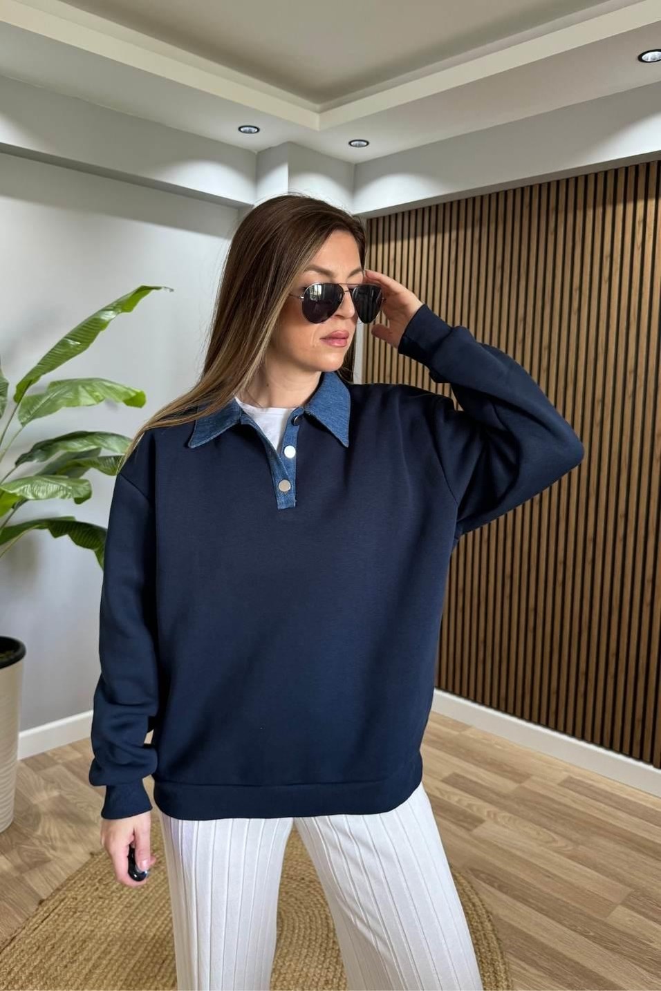 SweatshirtKot Yakalı Şardonlu Sweatshırt Lacivert