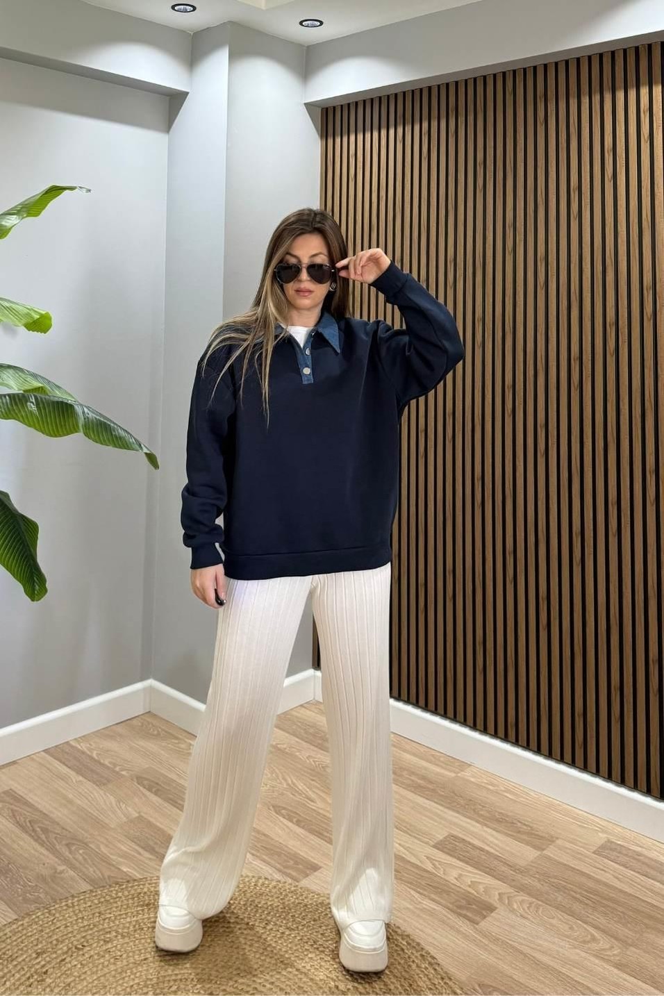 SweatshirtKot Yakalı Şardonlu Sweatshırt Lacivert