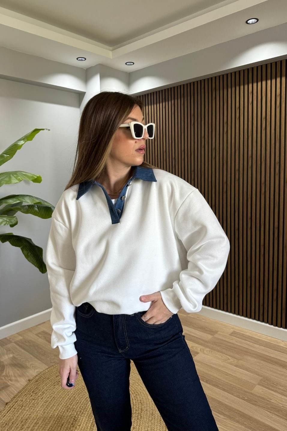 SweatshirtKot Yakalı Şardonlu Sweatshırt Ekru