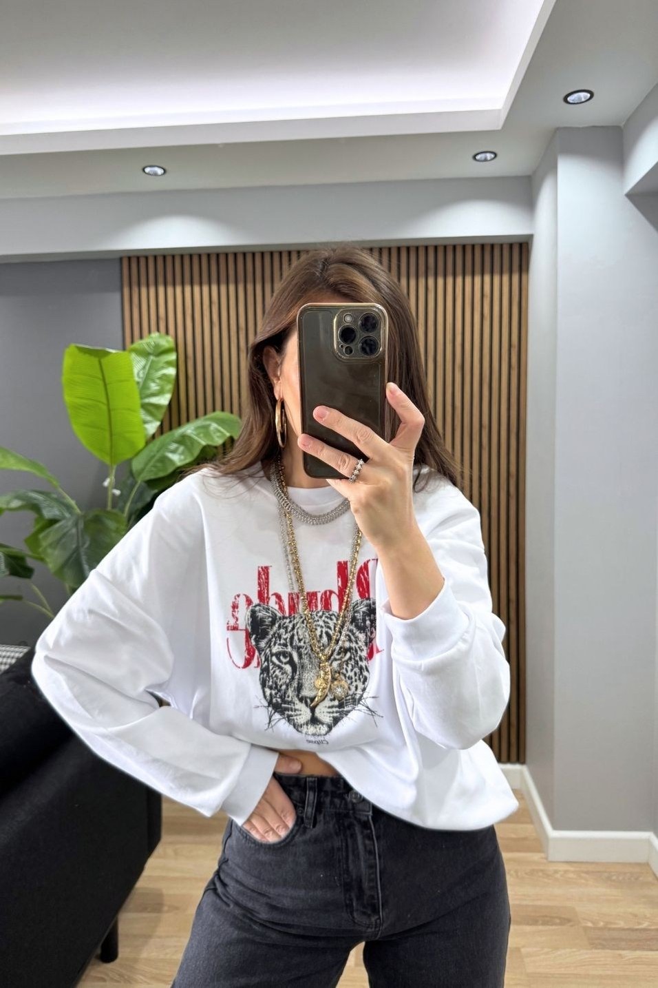 SweatshirtOversize Leopar Baskılı Pamuk Sweatshirt Beyaz