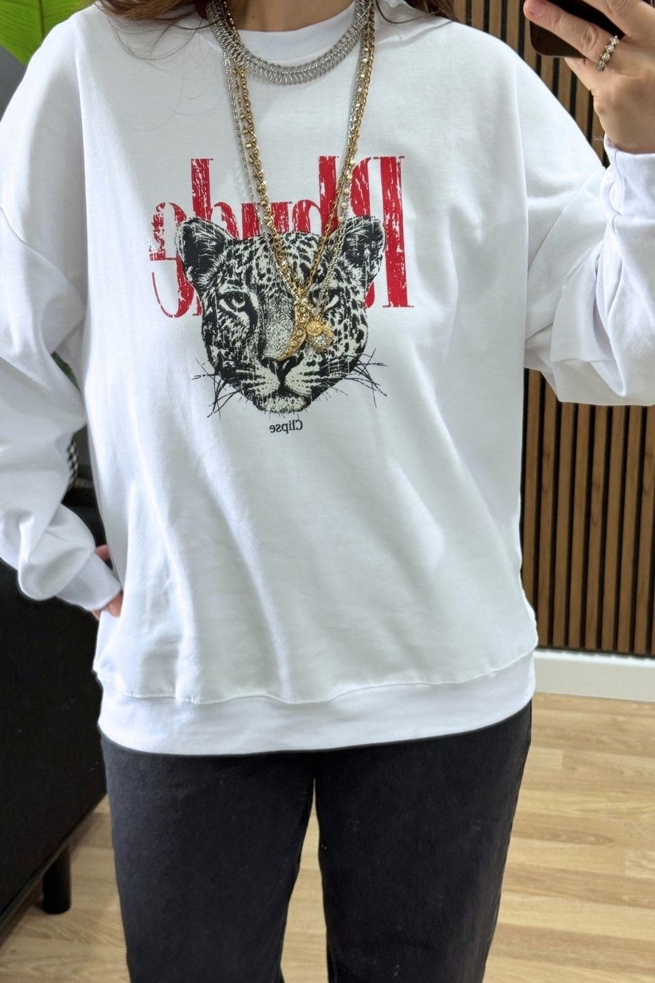 SweatshirtOversize Leopar Baskılı Pamuk Sweatshirt Beyaz