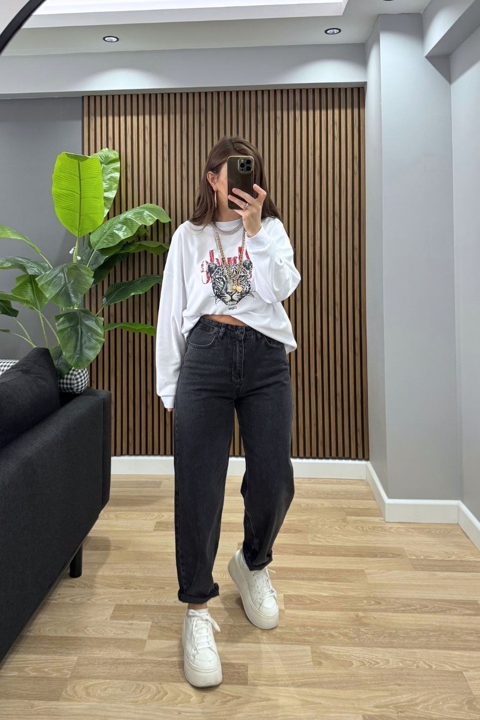 SweatshirtOversize Leopar Baskılı Pamuk Sweatshirt Beyaz