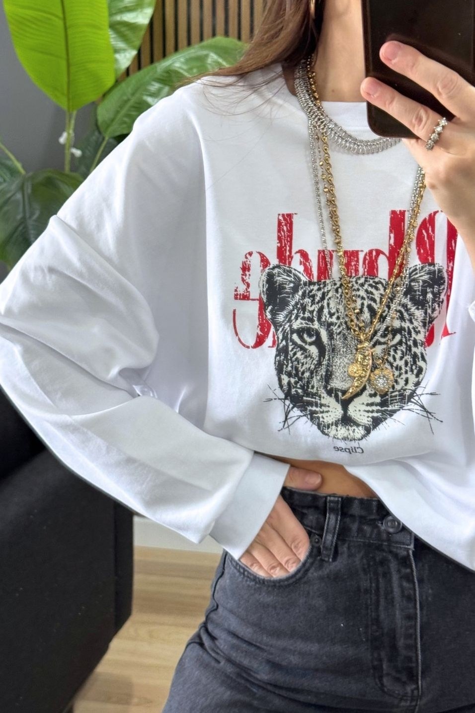 SweatshirtOversize Leopar Baskılı Pamuk Sweatshirt Beyaz