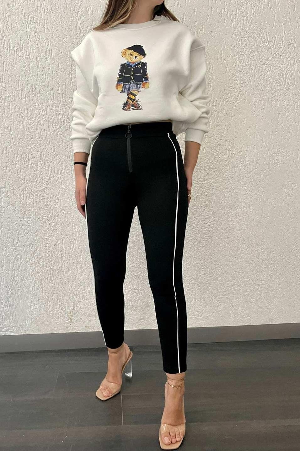 SweatshirtŞapkalı Ayıcık Baskılı Sweat Ekru