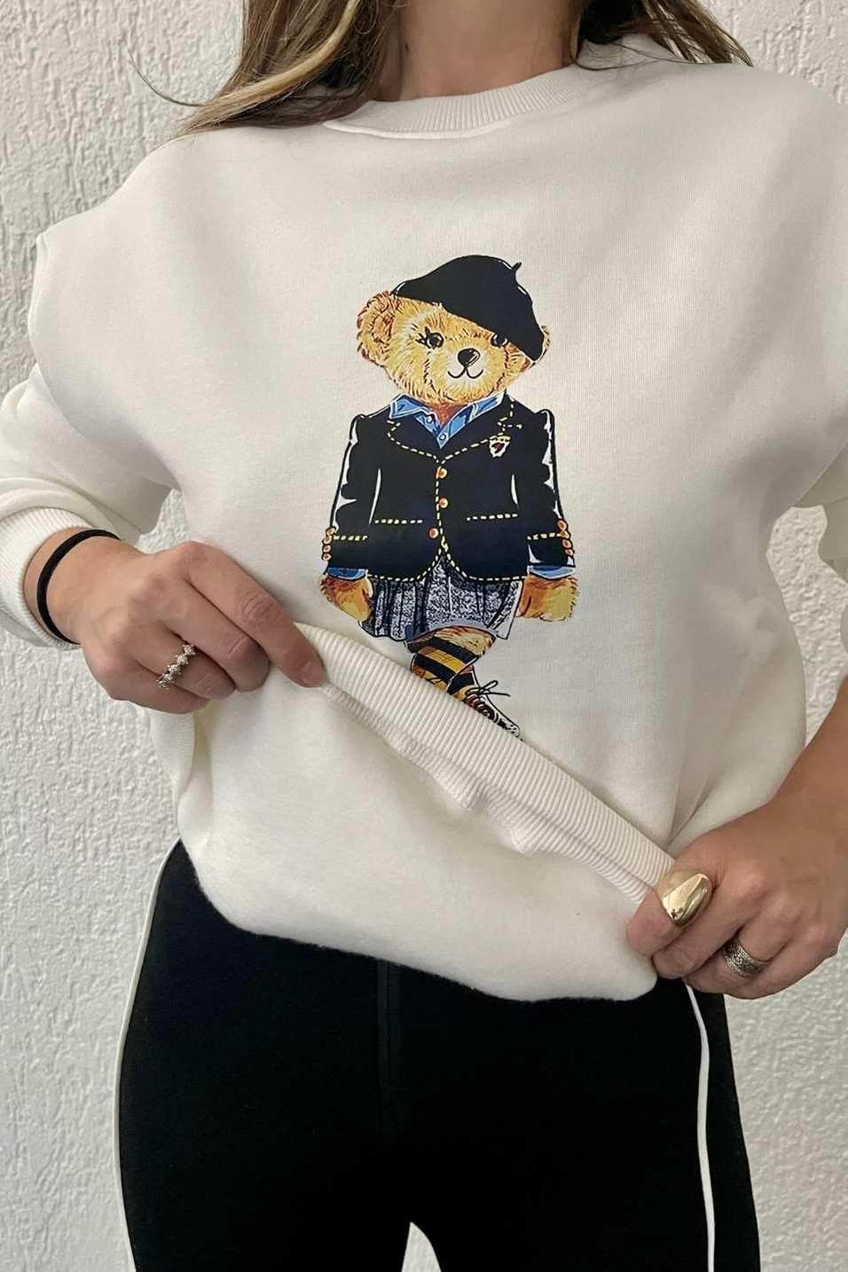 SweatshirtŞapkalı Ayıcık Baskılı Sweat Ekru