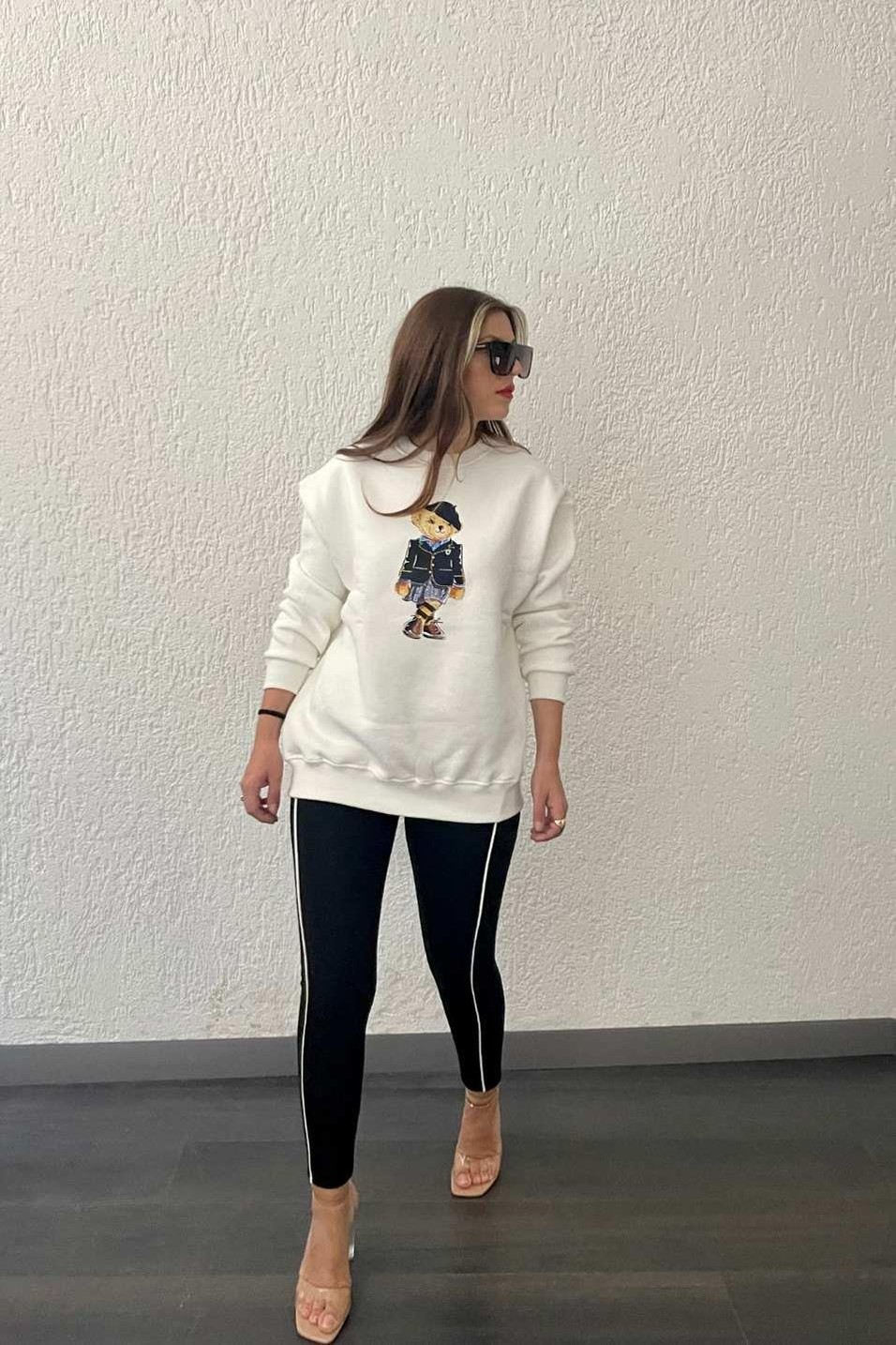 SweatshirtŞapkalı Ayıcık Baskılı Sweat Ekru