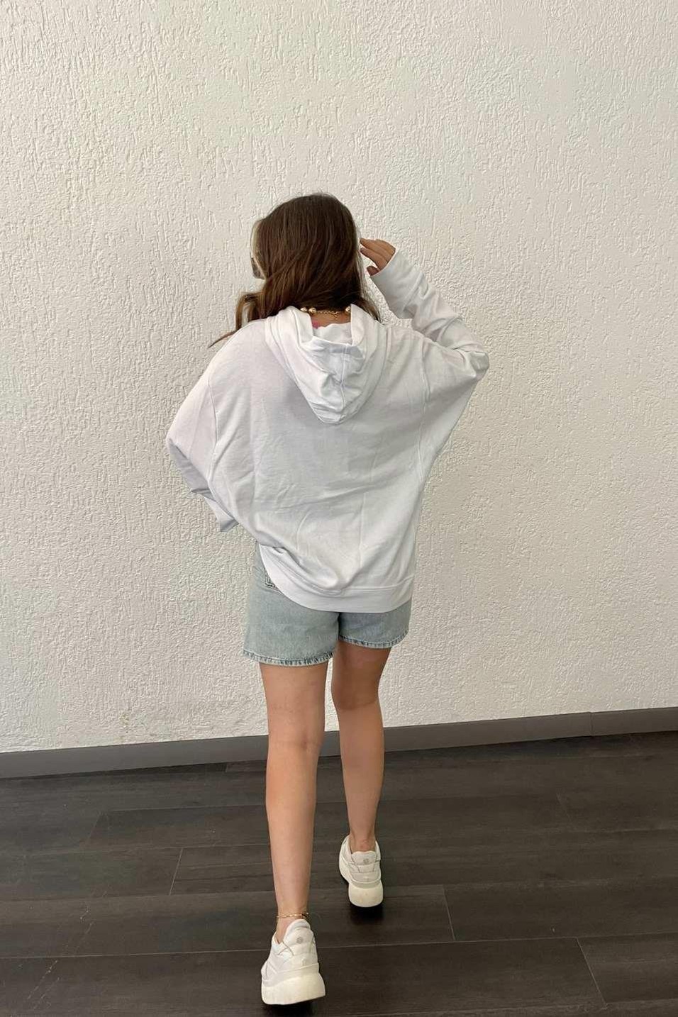 SweatshirtŞardonlu Kapşonlu Sweat Beyaz