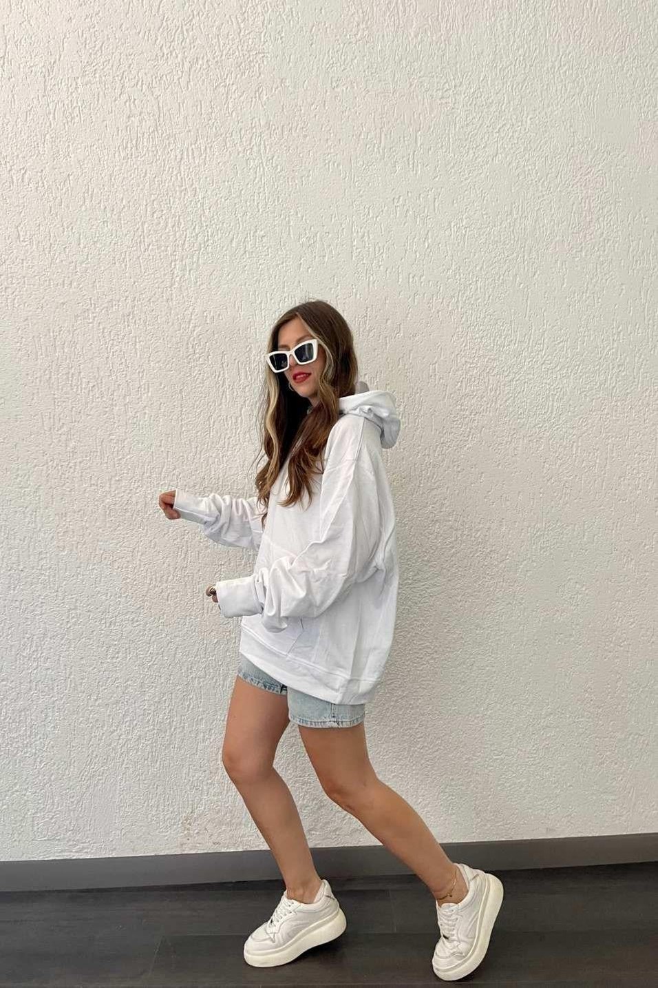 SweatshirtŞardonlu Kapşonlu Sweat Beyaz
