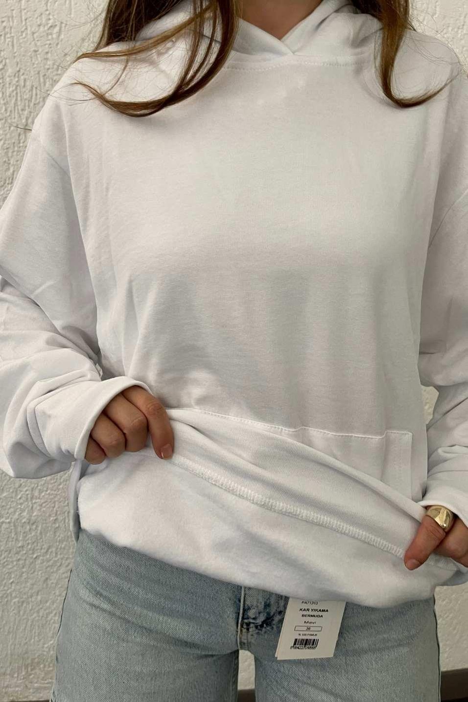 SweatshirtŞardonlu Kapşonlu Sweat Beyaz