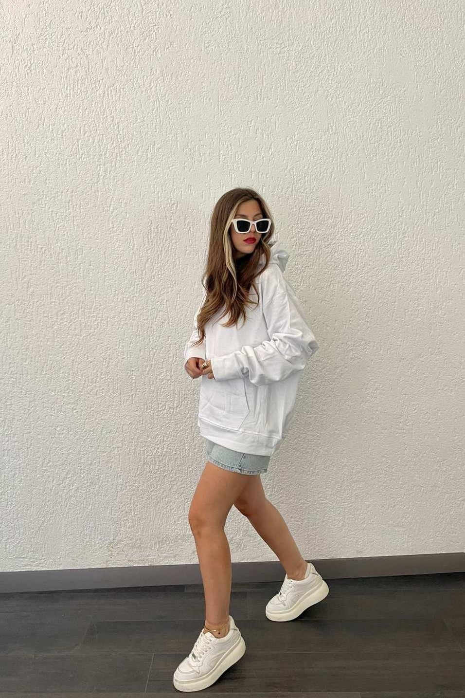 SweatshirtŞardonlu Kapşonlu Sweat Beyaz