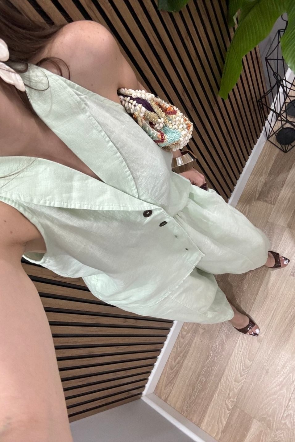 Takım%100 Keten Yelek Pantolon İkili Takım Mint
