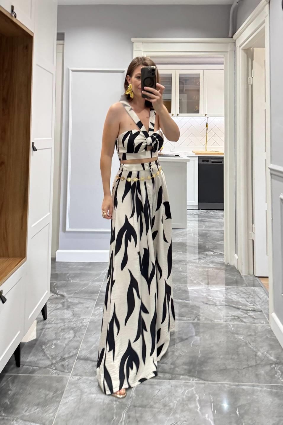 TakımDesenli Crop Pantolon Premıum Takım Siyah