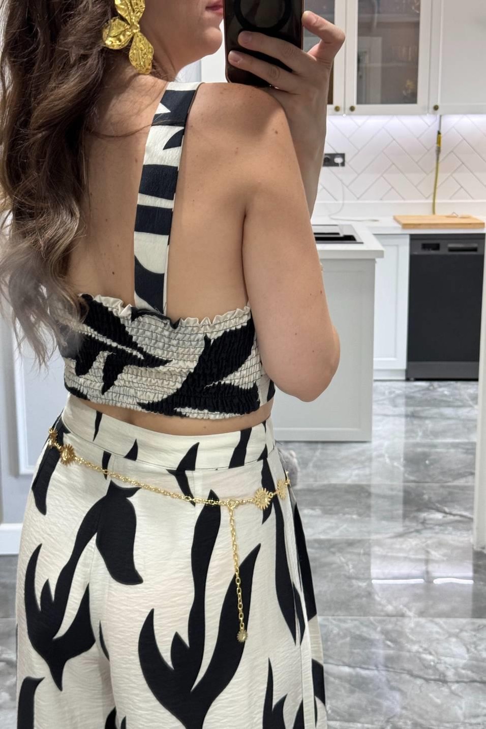 TakımDesenli Crop Pantolon Premıum Takım Siyah