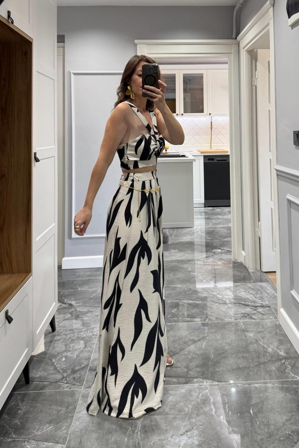 TakımDesenli Crop Pantolon Premıum Takım Siyah