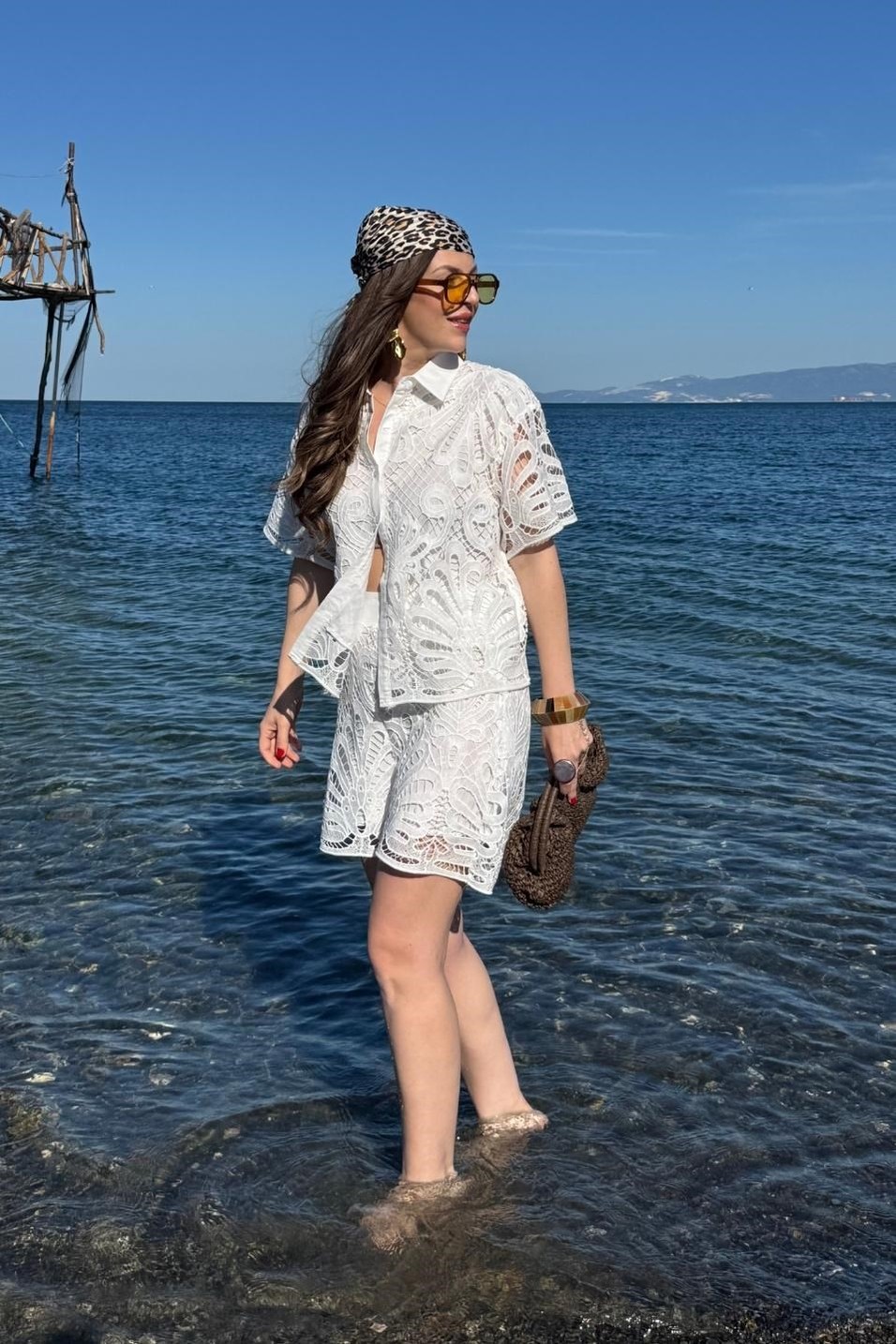 TakımElite Nakış Detaylı Şort Gömlek Set Beyaz