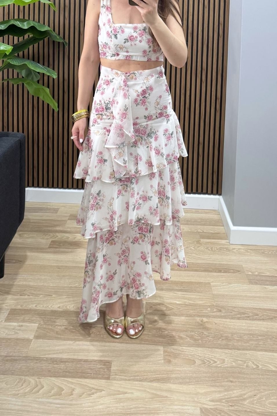 TakımFloral Kat Kat Etek Büstiyer Takım Pembe