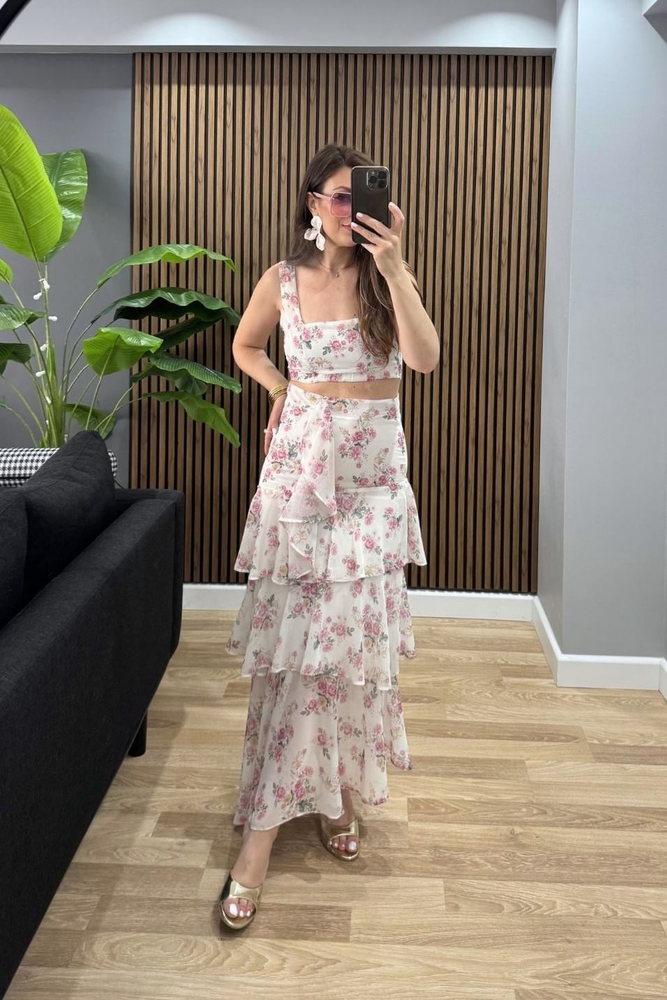 TakımFloral Kat Kat Etek Büstiyer Takım Pembe