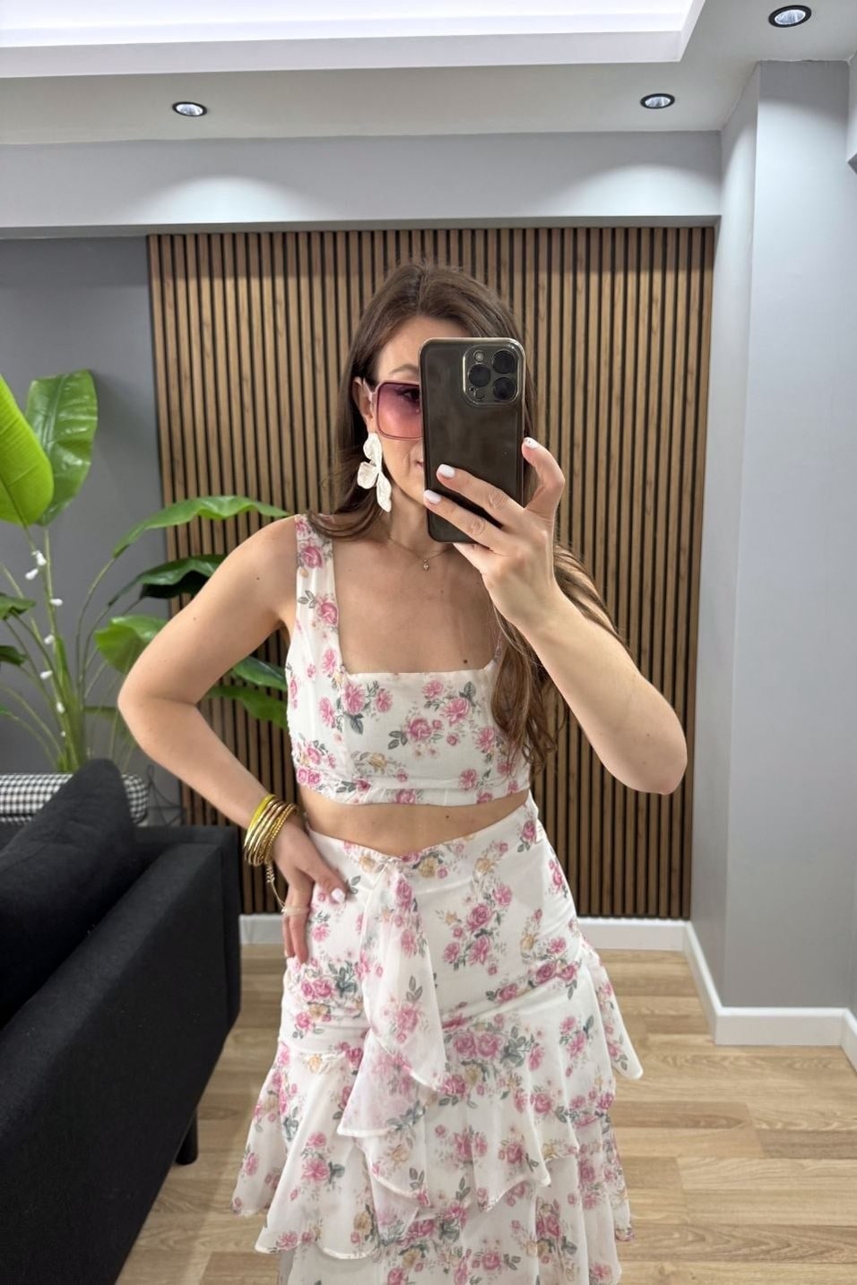 TakımFloral Kat Kat Etek Büstiyer Takım Pembe