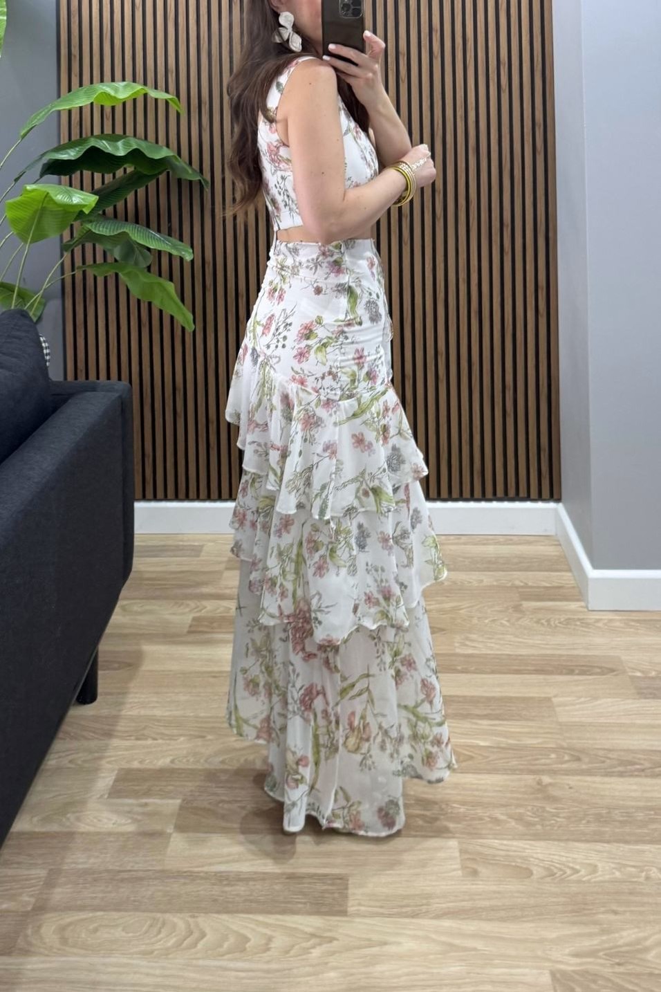 TakımFloral Kat Kat Etek Büstiyer Takım Yeşil