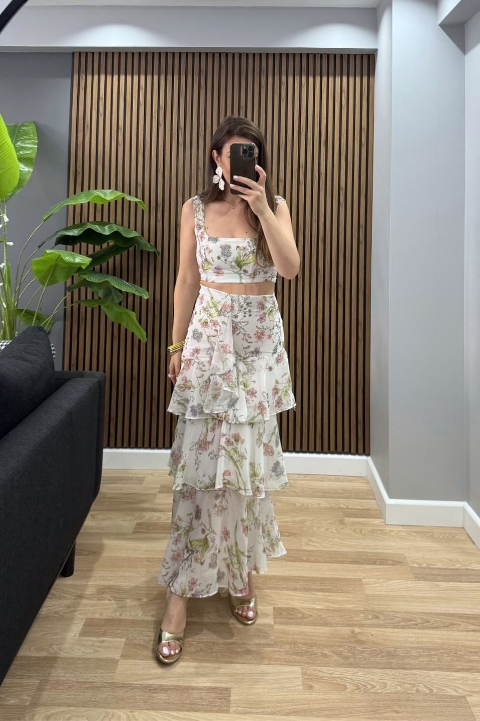 TakımFloral Kat Kat Etek Büstiyer Takım Yeşil