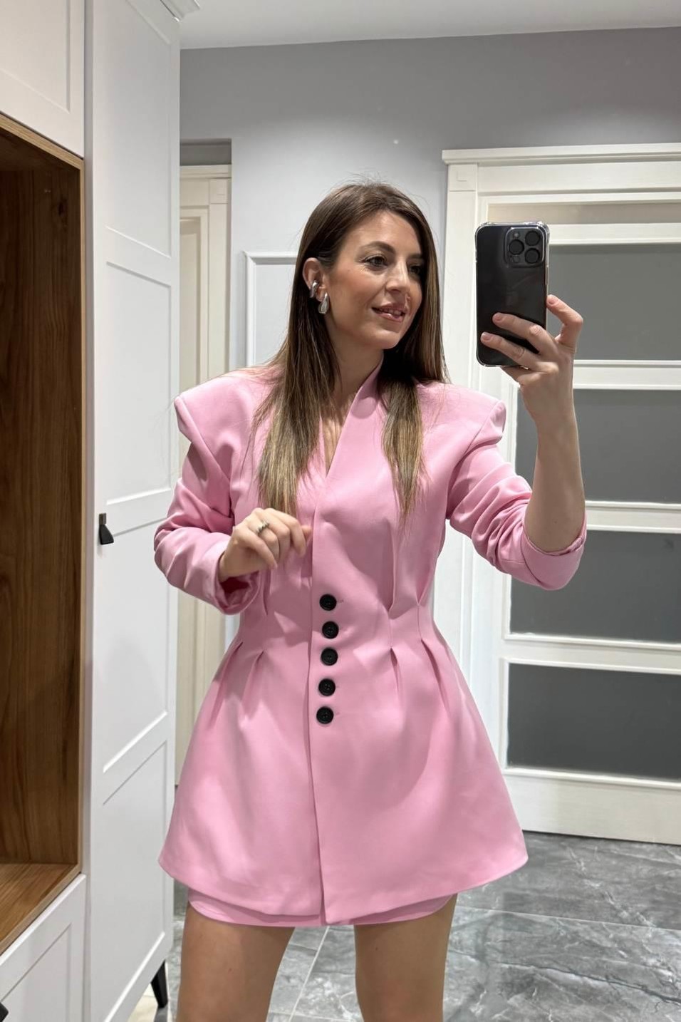 TakımFresno Belden Oturtmalı Vatkalı Ceket Etek Takım Pembe